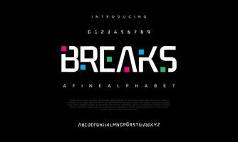 Breaks abstract digital technology logo font alphabet. Minimal modern urban fonts for logo, brand etc. Typography typeface uppercase lowercase and number. vector illustration