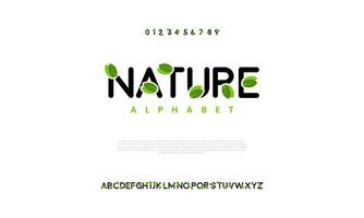 naturaleza hoja verde bosque resumen digital tecnología logo fuente alfabeto. mínimo moderno urbano fuentes para logo, marca etc. tipografía tipo de letra mayúscula minúsculas y número. vector ilustración