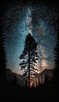 the Milky Way galaxy stretching across the night sky, with silhouetted trees and mountains in the foreground smartphone background lock screen wallpaper illustration photo