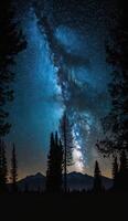 the Milky Way galaxy stretching across the night sky, with silhouetted trees and mountains in the foreground smartphone background lock screen wallpaper illustration photo