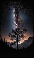 the Milky Way galaxy stretching across the night sky, with silhouetted trees and mountains in the foreground smartphone background lock screen wallpaper illustration photo