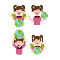 Set Of Little Girl Character For Save Planet Concept vector