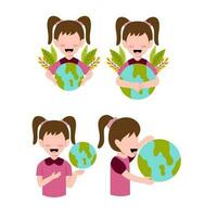 Set Of Little Girl Character For Save Planet Concept vector