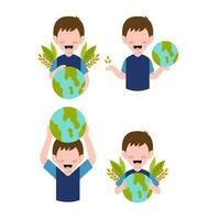 Set Of Little Boy Character For Save Planet Concept vector