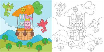 coloring rabbit riding air balloon vector