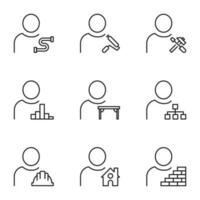 Vector outline signs and symbols drawn in flat style with black thin line. Editable strokes. Line icons of user by pipe, paint roller, table, map, helmet, house, brick wall