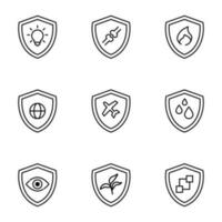 Vector outline signs and symbols drawn in flat style with black thin line. Editable strokes. Line icons of light bulb, knuckles, flame, globe and other items inside of shield or armor