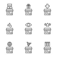 Vector outline signs and symbols drawn in flat style with black thin line. Editable strokes. Line icons of laptop, giftbox, medical cross, drops, eye and other items over shop or store