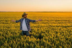 granjero en pie en un trigo campo foto