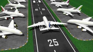 Bienvenido a puerto rico, avión aterrizaje en pista frente de ciudad edificios, 3d representación video