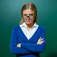 A college student girl with a blue cardigan photo