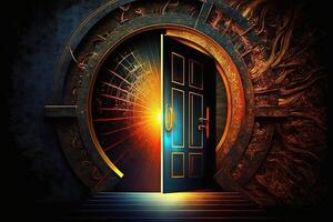 opening the door to succes abstract Futuristic science fiction concept of doorway illustration photo