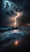 tormenta terminado el Oceano relámpago esclarecedor el cielo y olas estrellarse en contra el apuntalar teléfono inteligente teléfono original fantasía único antecedentes bloquear pantalla fondo de pantalla ilustración generativo ai foto