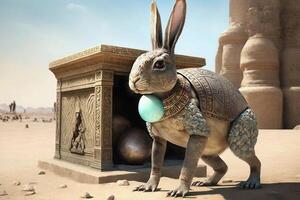 Time - traveling Easter bunny delivering eggs to ancient civilizations Easter illustration generative ai photo