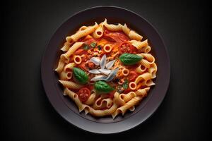 Tomato Pasta plate view from the top isolated on black background illustration photo