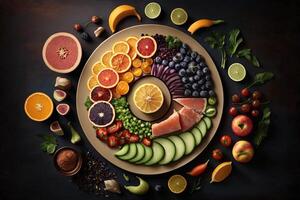 parte superior ver de un sano comida consistente de Fresco frutas, verduras, y apoyarse proteínas, arreglado en un ojo - atrapando y visualmente atractivo camino ilustración generativo ai foto