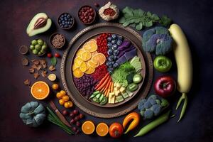 Top view of a healthy meal consisting of fresh fruits, vegetables, and lean proteins, arranged in an eye - catching and visually appealing way illustration photo