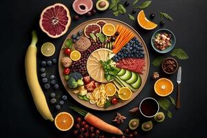 parte superior ver de un sano comida consistente de Fresco frutas, verduras, y apoyarse proteínas, arreglado en un ojo - atrapando y visualmente atractivo camino ilustración generativo ai foto