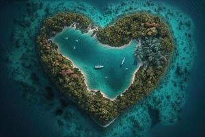 Tropical Island heart shaped aereial view, turquoise ocean illustration photo