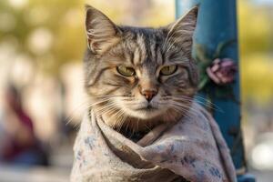 Tramp cat with a foulard on a pole illustration photo