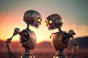 two robots falling in love in post nuclear background illustration photo