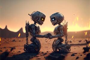 two robots falling in love in post nuclear background illustration photo