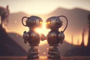 two robots falling in love in post nuclear background illustration photo
