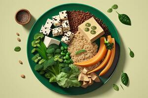 Top view of Vegan plate, featuring plant - based ingredients like tofu, lentils, and quinoa, green background pastel color illustration photo