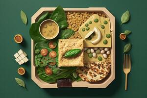 Top view of Vegan plate, featuring plant - based ingredients like tofu, lentils, and quinoa, green background pastel color illustration photo