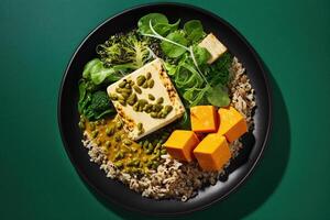 Top view of Vegan plate, featuring plant - based ingredients like tofu, lentils, and quinoa, green background pastel color illustration photo