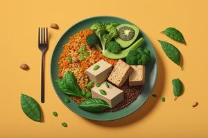 Top view of Vegan plate, featuring plant - based ingredients like tofu, lentils, and quinoa, green background pastel color illustration photo