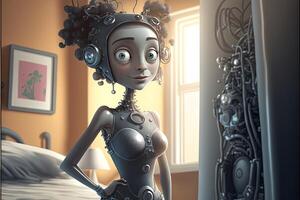 very tight robot girl in bedroom illustration photo