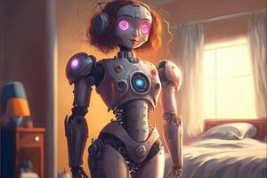 very tight robot girl in bedroom illustration photo