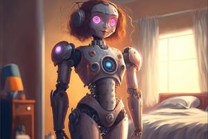 muy apretado robot niña en dormitorio ilustración generativo ai foto