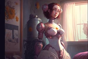 very tight robot girl in bedroom illustration photo