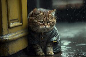 cat, sad lonely abandoned, under the rain illustration photo