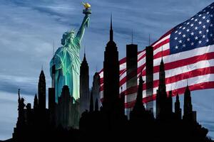 silhouette cityscape off new york city with statue of liberty and flag background illustration photo