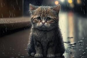 cat, sad lonely abandoned, under the rain illustration photo