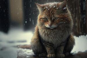 cat, sad lonely abandoned, under the snow illustration photo