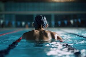 back view of muscular swimmer in swimming cap and goggles training at swimming pool illustration photo