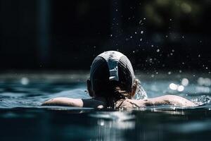 espalda ver de muscular nadador en nadando gorra y gafas de protección formación a nadando piscina ilustración generativo ai foto