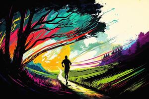 person running on a scenic trail through a natural landscape, with vibrant colors and dynamic motion conveying a sense of energy and vitality illustration photo