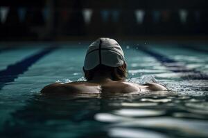 espalda ver de muscular nadador en nadando gorra y gafas de protección formación a nadando piscina ilustración generativo ai foto