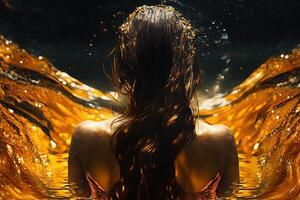 hermosa mujer nadando en líquido oro ver desde el espalda ilustración generativo ai foto