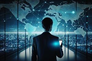 view from the back of a Businessman using mobile smart phone. Global corporate internet connection application technology and digital marketing, financial illustration photo