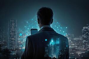 view from the back of a Businessman using mobile smart phone. Global corporate internet connection application technology and digital marketing, financial illustration photo