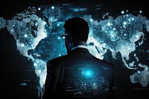 view from the back of a Businessman using mobile smart phone. Global corporate internet connection application technology and digital marketing, financial illustration photo
