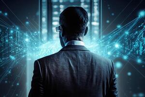 view from the back of a Businessman using mobile smart phone. Global corporate internet connection application technology and digital marketing, financial illustration photo
