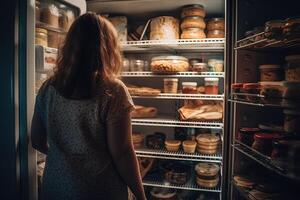 grasa mujer en frente de abierto refrigerador lleno de basura comida ilustración generativo ai foto