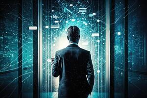 view from the back of a Businessman using mobile smart phone. Global corporate internet connection application technology and digital marketing, financial illustration photo